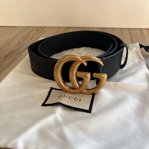 Gucci Marmont Wide Black Leather Belt with Gold GG Emblem